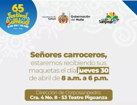 Avanza el proceso de selección de carrozas para el 65° Festival del Bambuco en San Juan y San Pedro